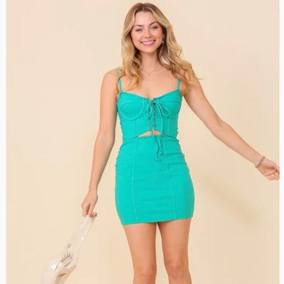 New TIMING Bodycon Corset Tie Up Cut Out Mini Dress SIZE SMALL Women's - Picture 1 of 12